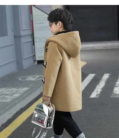 Boys Winter Wool Coat with Hood, Warm Cotton-Padded Single-Breasted Jacket, Solid Color Children’s Fashion Parka and Cold Weather Outerwear