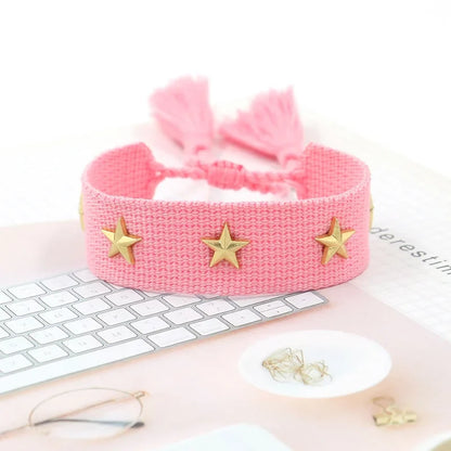 Bohemian Star Tassel Bracelet – Handmade Woven Alloy Gold Rivet Wrist Strap for Women | Ethnic Fashion Jewelry Gift