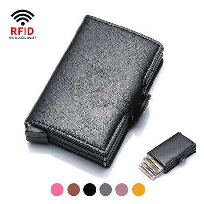 Cartera de metal con bloqueo RFID para hombre, tarjetero de crédito de aluminio de piel sintética, cartera delgada
