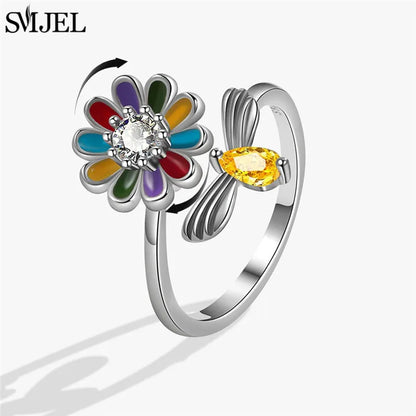 Cherry Blossom Rotating Fidget Spinner Ring – Cute Cat, Bee, Bunny & Butterfly Anti-Anxiety Ring for Women | Adjustable Stress Relief Jewelry