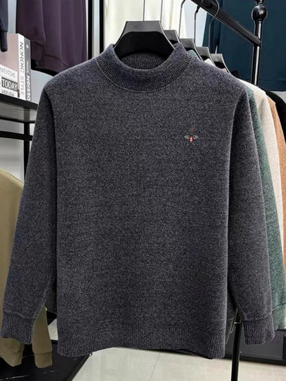 Men’s 100% Merino Wool Winter Sweater – Little Bee Embroidered Ribbed Collar Knitted Pullover, Soft Warm Fashion Knitwear