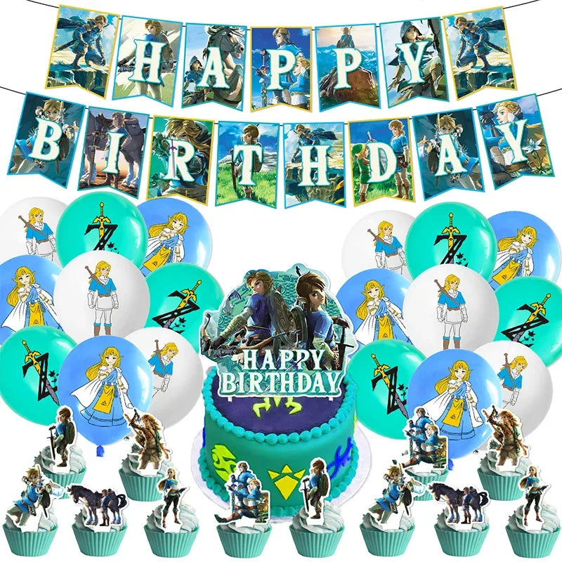 Zelda Tears of the Kingdom Party Decoration Set – Balloons, Flags & Birthday Party Props