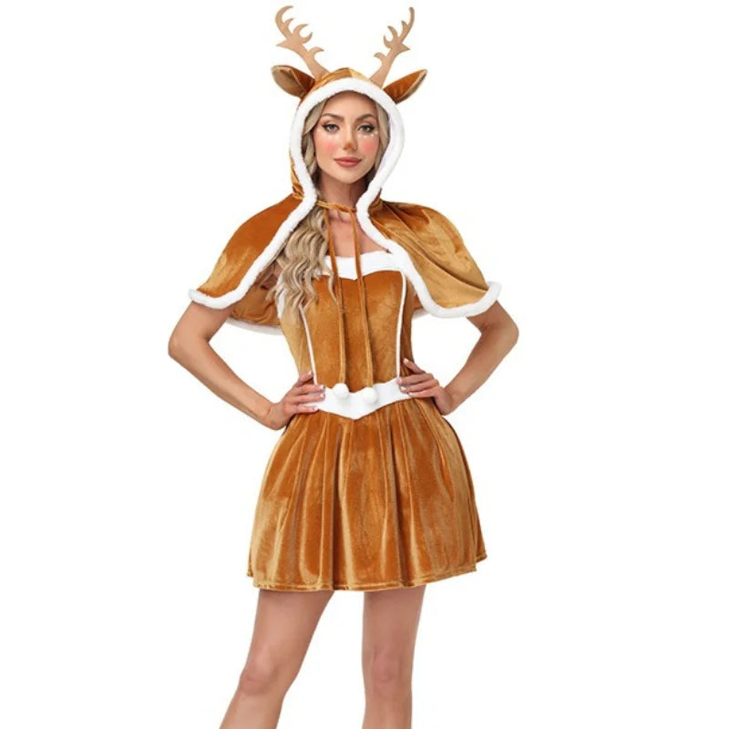 Women's Christmas Reindeer Costume Hooded Cape, Cute Santa Girl Deer Elk Cosplay Outfit for Christmas, New Year Parties, Stage Performances and Holiday Dress-Up Events