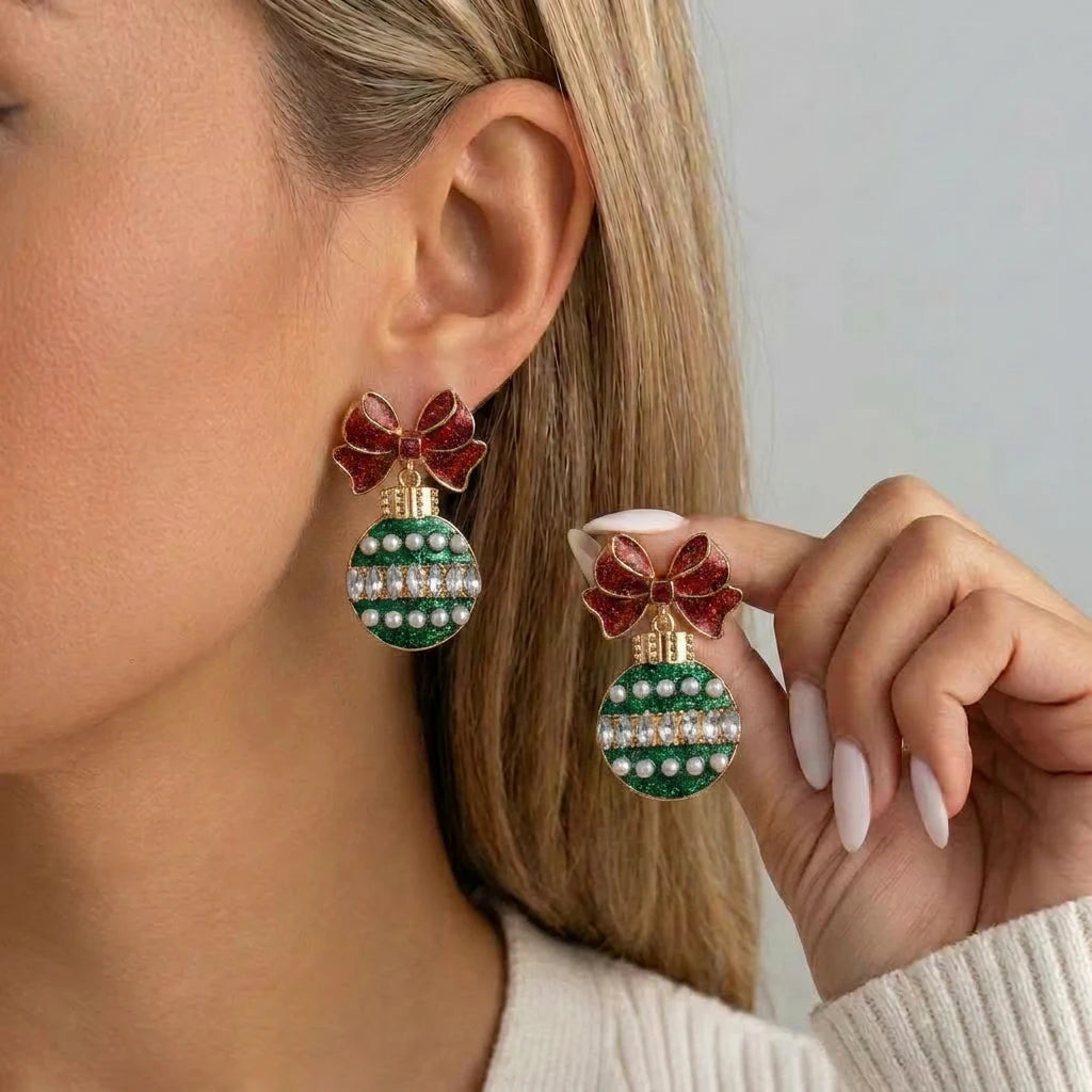 Christmas Bow Drop Earrings for Women – Glitter Red & Green Holiday Dangle Earrings, Festive Party Jewelry, Cute Gift Accessories
