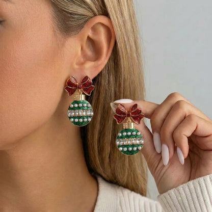 Christmas Bow Drop Earrings for Women – Glitter Red & Green Holiday Dangle Earrings, Festive Party Jewelry, Cute Gift Accessories
