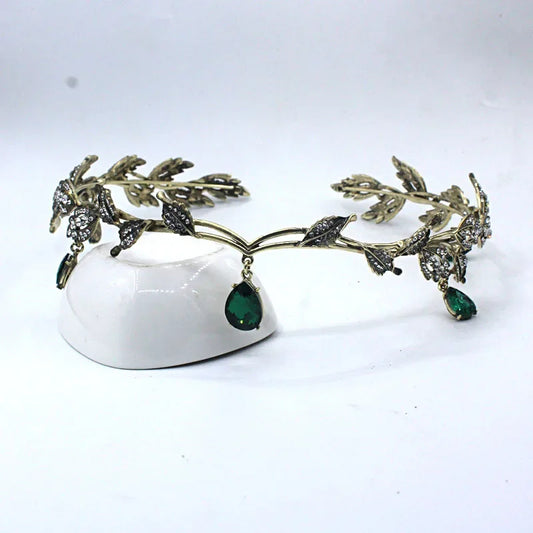 Corona de hada verde esmeralda vintage con hojas de cristal – Tocado de elfo de bronce para cosplay y disfraz de mujer