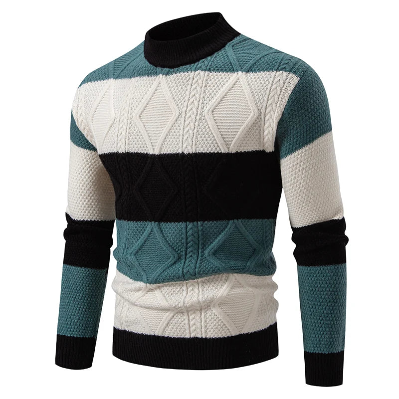 Men’s Patchwork Knitted Sweater – Mock Neck Long Sleeve Pullover for Autumn & Winter, Youthful Casual Fashion Knitwear