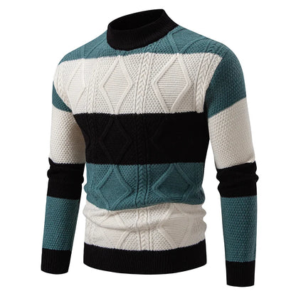 Men’s Patchwork Knitted Sweater – Mock Neck Long Sleeve Pullover for Autumn & Winter, Youthful Casual Fashion Knitwear