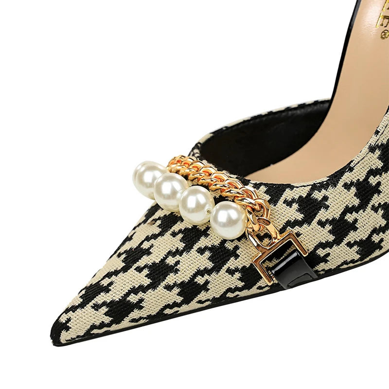 BIGTREE Escarpins à talons aiguilles et chaîne de perles de luxe pour femme – Idéal pour mariage, soirée et banquet