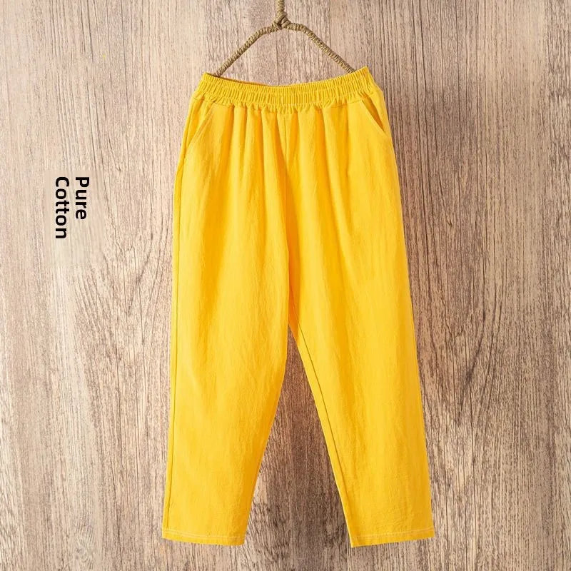 Pantalones Harlan de Verano para Mujer de Lino y Algodón, de Cintura Alta, Sueltos, Delgados, Estampados, Informales, tipo Farol, de Nueve Puntos con Bolsillos