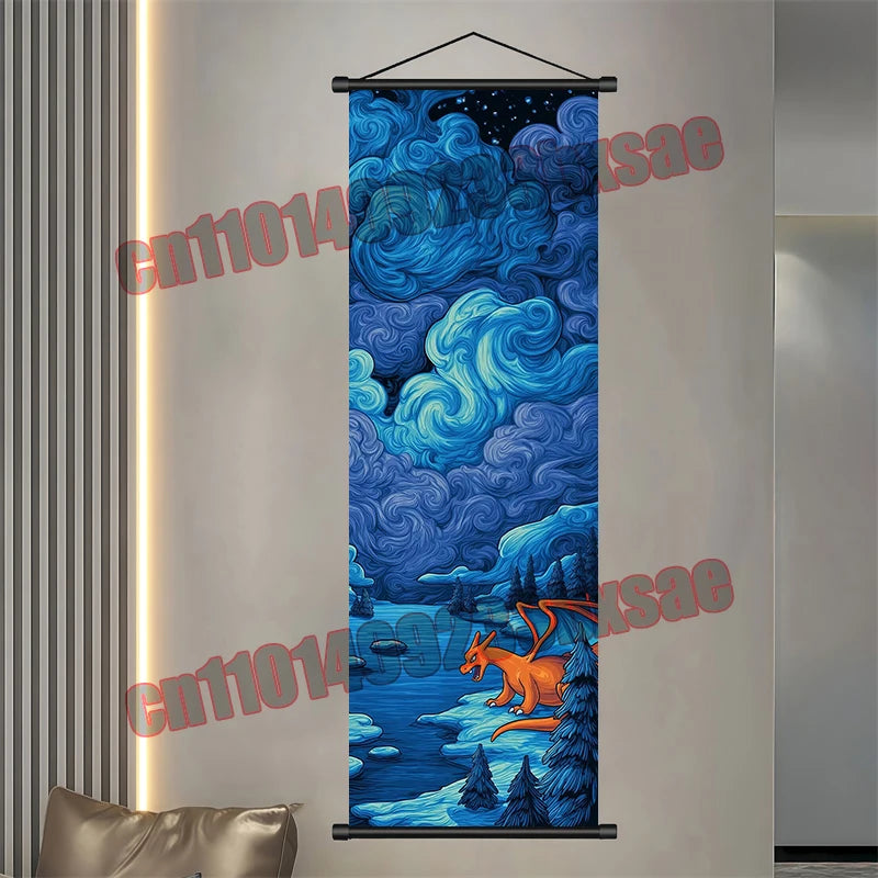 Pokémon Anime Wall Poster – Gengar Eevee Pikachu Scroll Painting Retro Canvas Artwork for Home Decor