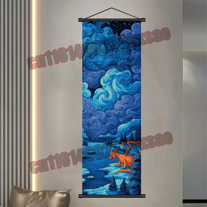 Pokémon Anime Wall Poster – Gengar Eevee Pikachu Scroll Painting Retro Canvas Artwork for Home Decor