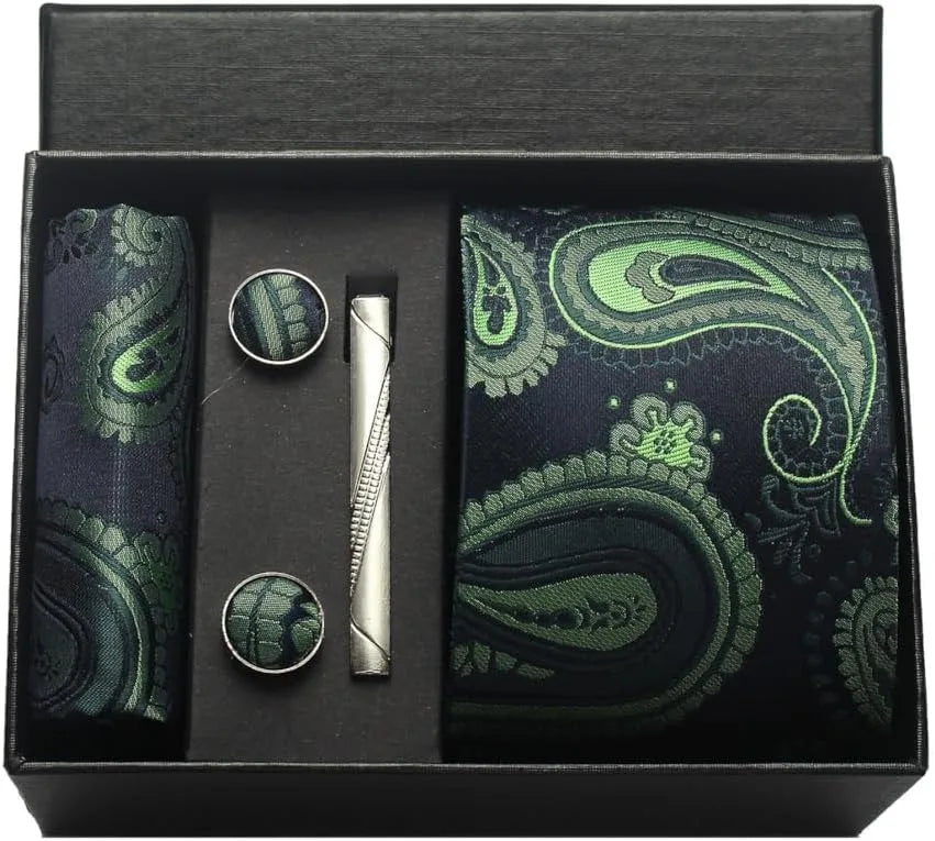Corbata de seda 100% con diseño floral de Paisley para hombre con pañuelo de bolsillo, pasador de corbata y gemelos en caja de regalo