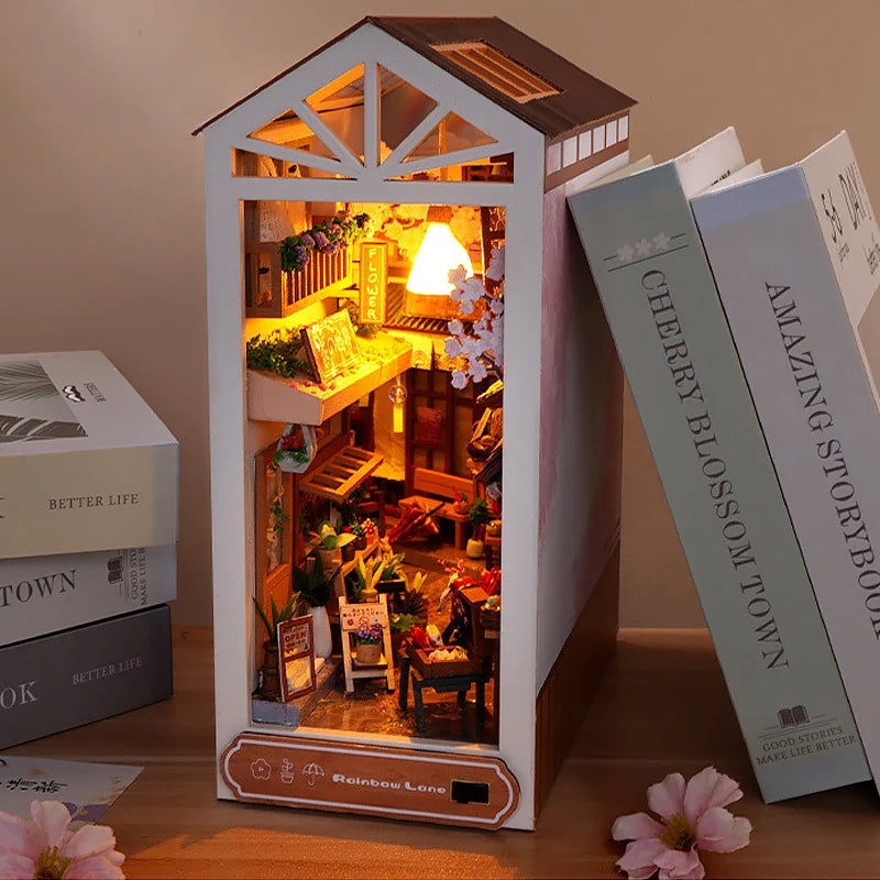 Kit de book nook à fabriquer soi-même – Maquette de maison de poupée miniature en bois à insérer dans une étagère pour adultes, loisirs créatifs et décoration d'intérieur