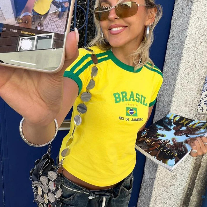 Camiseta corta de verano para mujer 2023 con letras de Brasil, estilo años 90, estética, Kpop, moda urbana, vintage Y2k, manga corta