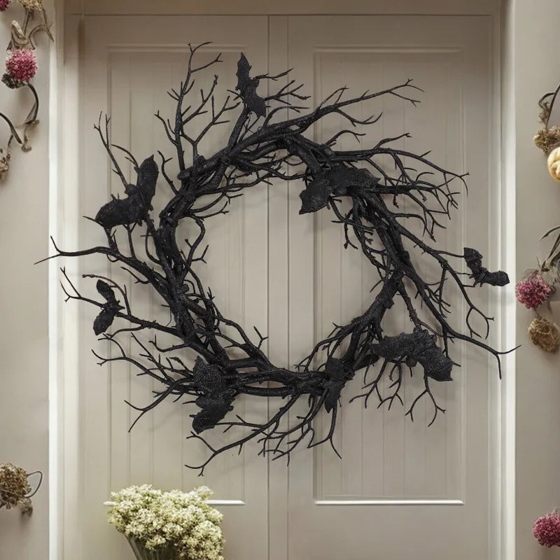 Halloween Artificial Bat Wreath – Black Branch Wreath with LED Lights for Front Door, Window, Home & Spooky Halloween Decorations