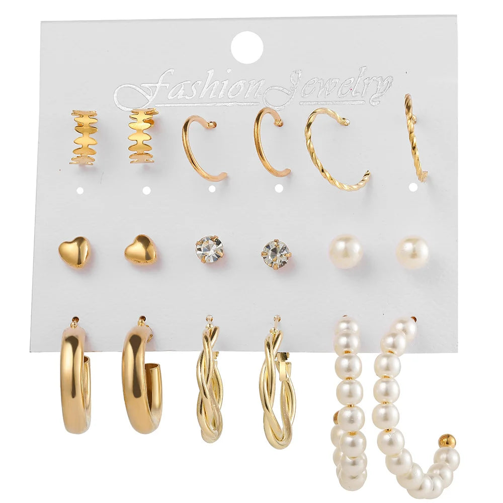 Boucles d'oreilles créoles dorées grand cercle pour femmes, ensemble bohème vintage, perle, cœur, zircon, clous, bijoux cadeau