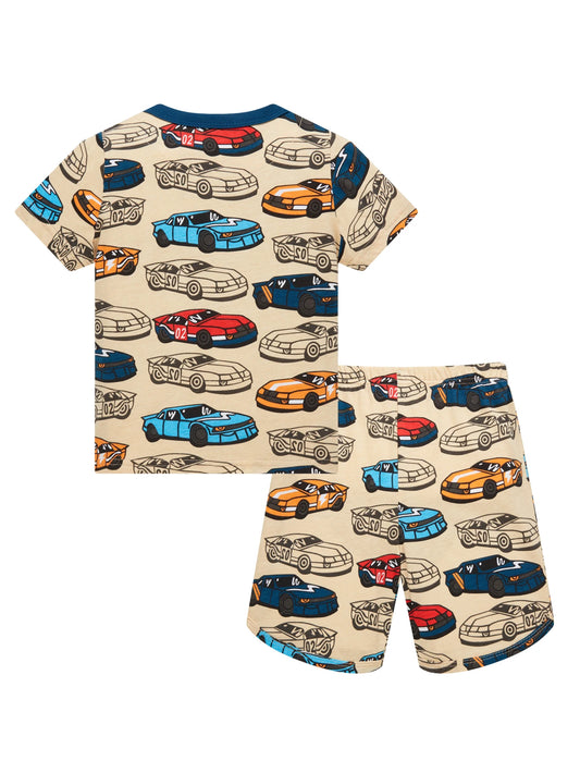 Boys 100% Cotton Car Print Pajama Set Soft Short Sleeve 2-Piece Sleepwear for Kids 1–8 Years
