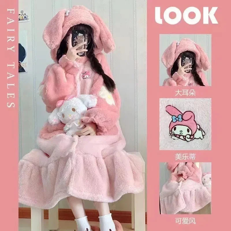 Sanrio Hello Kitty Girls' Velvet Pajama Set – Cute Cartoon Long Bathrobe & Nightgown, Soft Cozy Home Sleepwear for Kids
