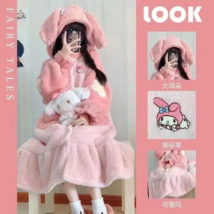 Sanrio Hello Kitty Girls' Velvet Pajama Set – Cute Cartoon Long Bathrobe & Nightgown, Soft Cozy Home Sleepwear for Kids