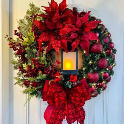 35CM Golden Christmas Wreath with Lights – Red Ball & Flower Garland Xmas Ornament for Front Door, Window & Wall Decor