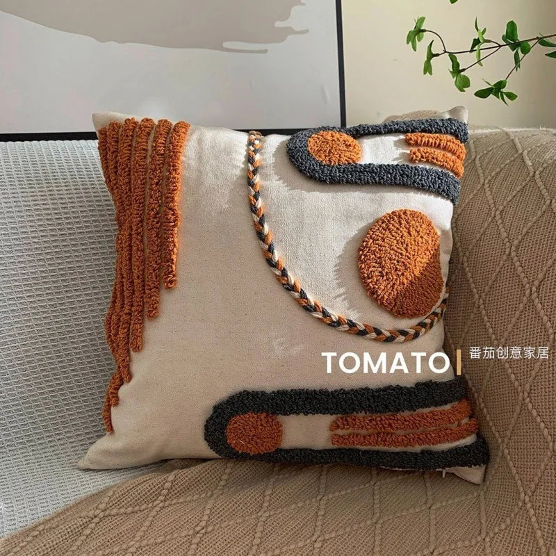 Boho Embroidered Throw Pillow Cover - Geometric Tassel Cushion Cover for Sofa, Living Room & Home Decor