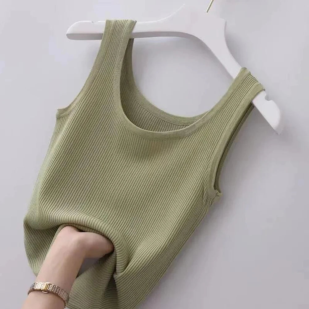 Haut court décontracté basique en tricot à col en U sans manches et de couleur unie pour femme, idéal pour l'automne
