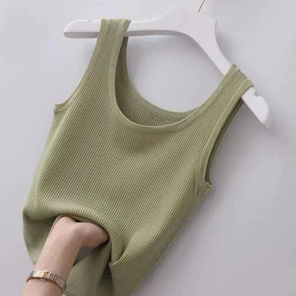 Haut court décontracté basique en tricot à col en U sans manches et de couleur unie pour femme, idéal pour l'automne