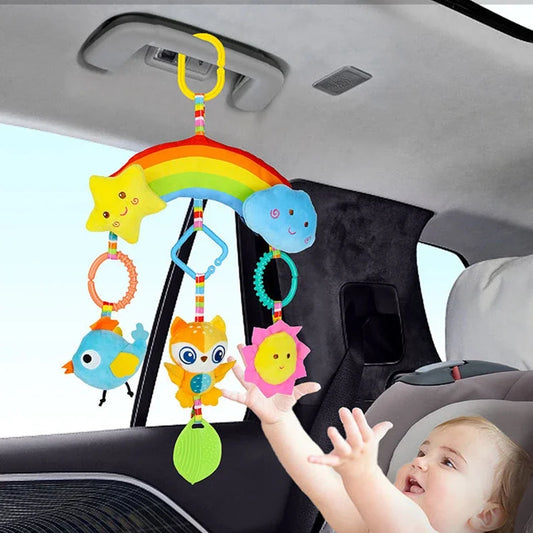 Peluche de actividades "Bebé Arcoíris" – Juguete sensorial colgante para cochecito para 0-12 meses, juguete móvil para asiento de coche y cuna, juguete de viaje suave y educativo para el desarrollo y juego del recién nacido.