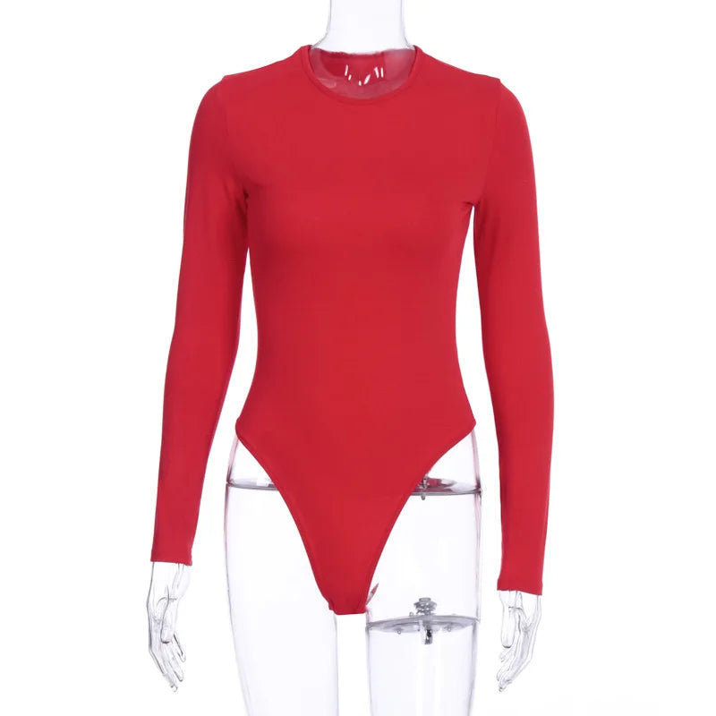 Women O-Neck Long Sleeve Bodysuit – Solid Color Sexy Casual Streetwear Body Top (White/Black/Gray)