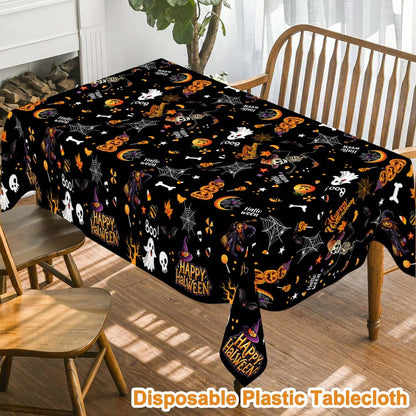130×220CM Halloween Disposable Plastic Tablecloth – Black Ghost, Skeleton & Witch Pattern Table Cover for Halloween Party Supplies