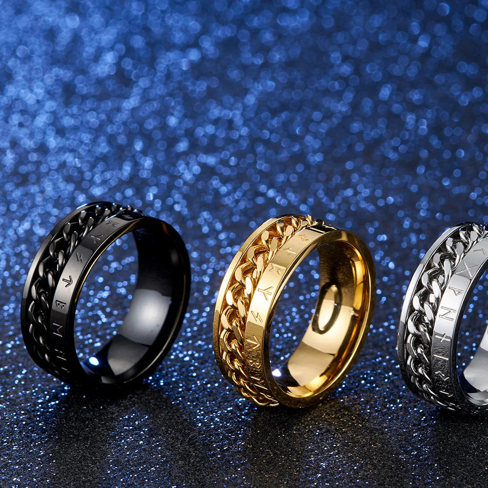 Roman Numeral Spinner Ring – Stainless Steel Chain Rotating Anxiety Fidget Ring for Men | Black Metal Stress Relief Jewelry