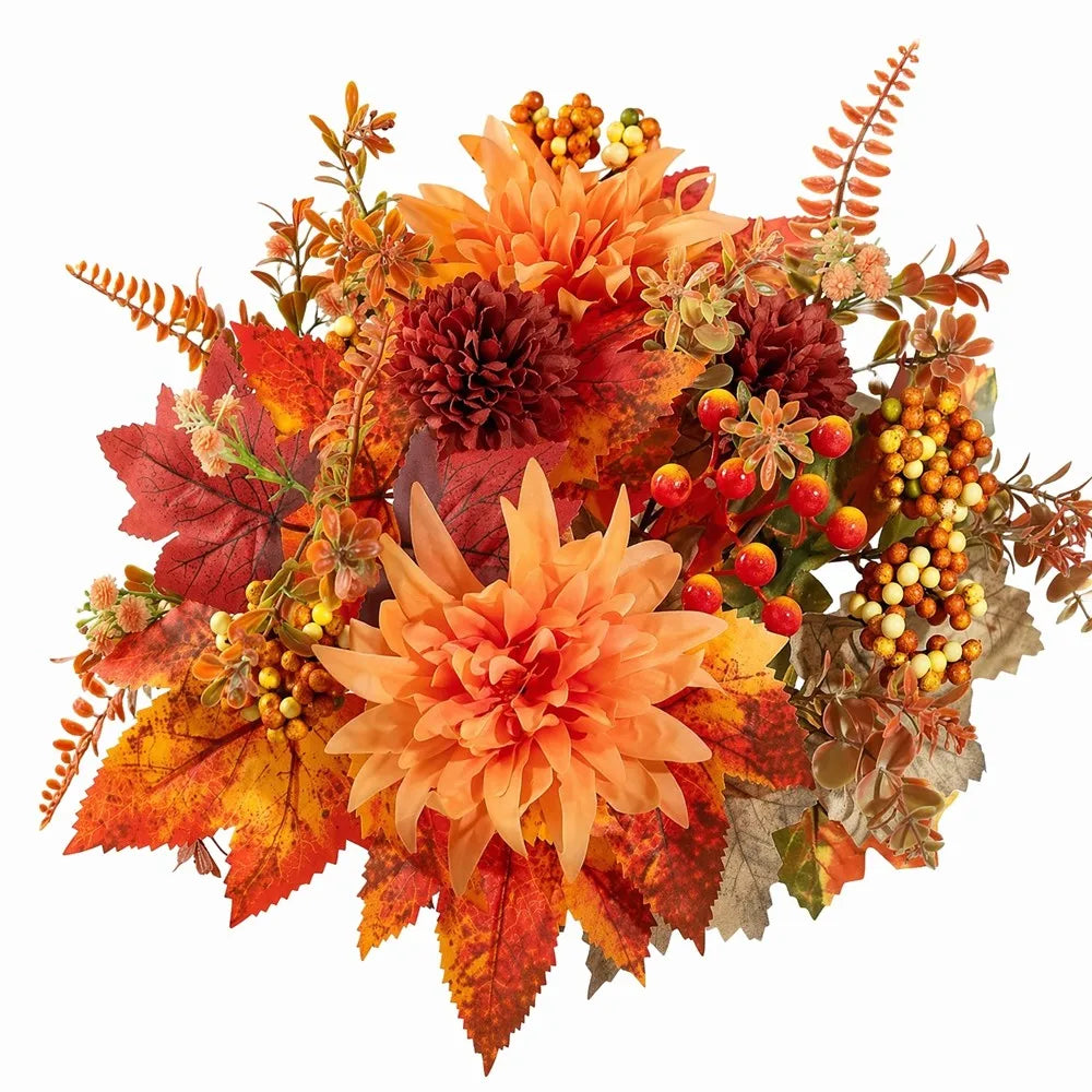 Artificial Fall Flower Bouquet with Maple Leaves & Pumpkin Accents – Faux Floral Stems for Thanksgiving, Halloween, Autumn Table Centerpieces & Home Decor