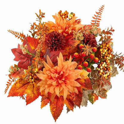 Artificial Fall Flower Bouquet with Maple Leaves & Pumpkin Accents – Faux Floral Stems for Thanksgiving, Halloween, Autumn Table Centerpieces & Home Decor