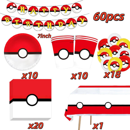 Pokémon Pokéball Birthday Decorations Tableware Set – Paper Plates, Cups & Napkins Party Supplies for Kids, Girls & Boys Birthday Celebration