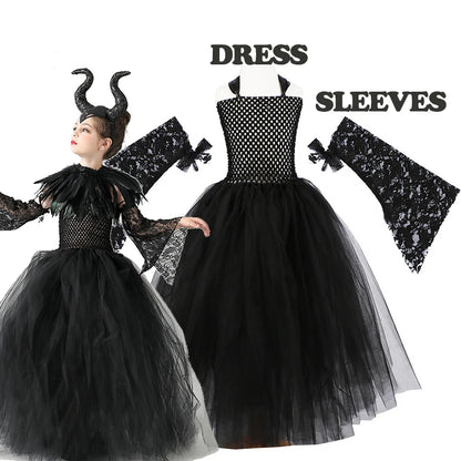 2026 Girls’ Evil Queen Halloween Costume – Black Tulle Mesh Princess Cosplay Dress, Gothic Dress-Up Outfit for Kids’ Halloween Parties