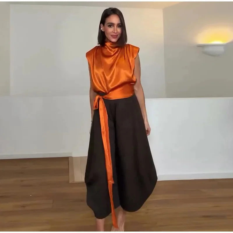 Women’s 2026 Spring Orange Sleeveless Satin Top Long Ribbon Elegant Stylish Fashion Blouse