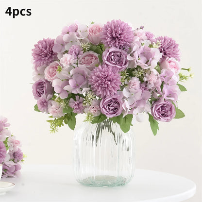 Ramo de flores artificiales realista – Arreglo floral sintético de peonía, crisantemo e hortensia con tallos, decoración reutilizable para el hogar, decoración para bodas y accesorios de fotografía