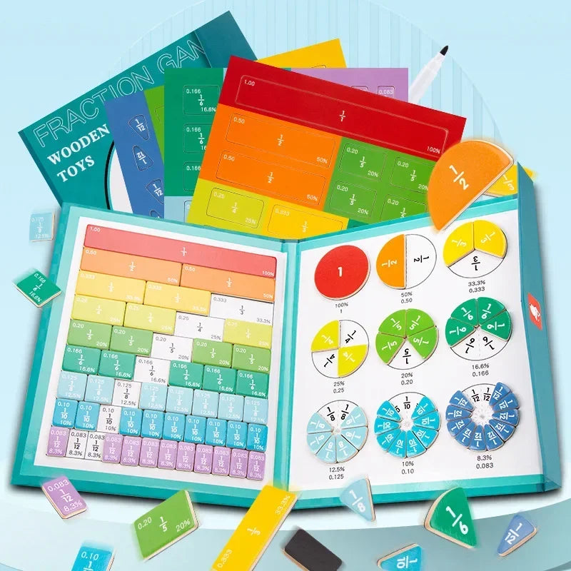 Livre d'apprentissage des fractions magnétiques Montessori – Jouet éducatif en bois pour enfants, compétences en arithmétique