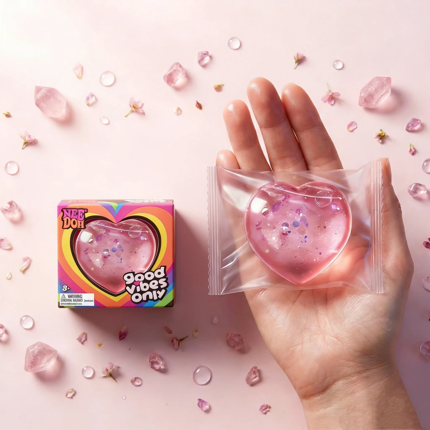 NeeDoh Heart Shaped Squeeze Toy – Glitter Filled Soft TPR Stress Relief Fidget Toy for Kids & Adults, Anxiety Relief Gift
