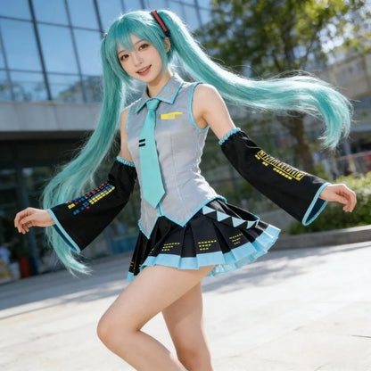 Green Ponytail Anime Cosplay Wig & Costume Set – Virtual Singer Roleplay Outfit with Top & Skirt for Comic Con, Party & Halloween Props