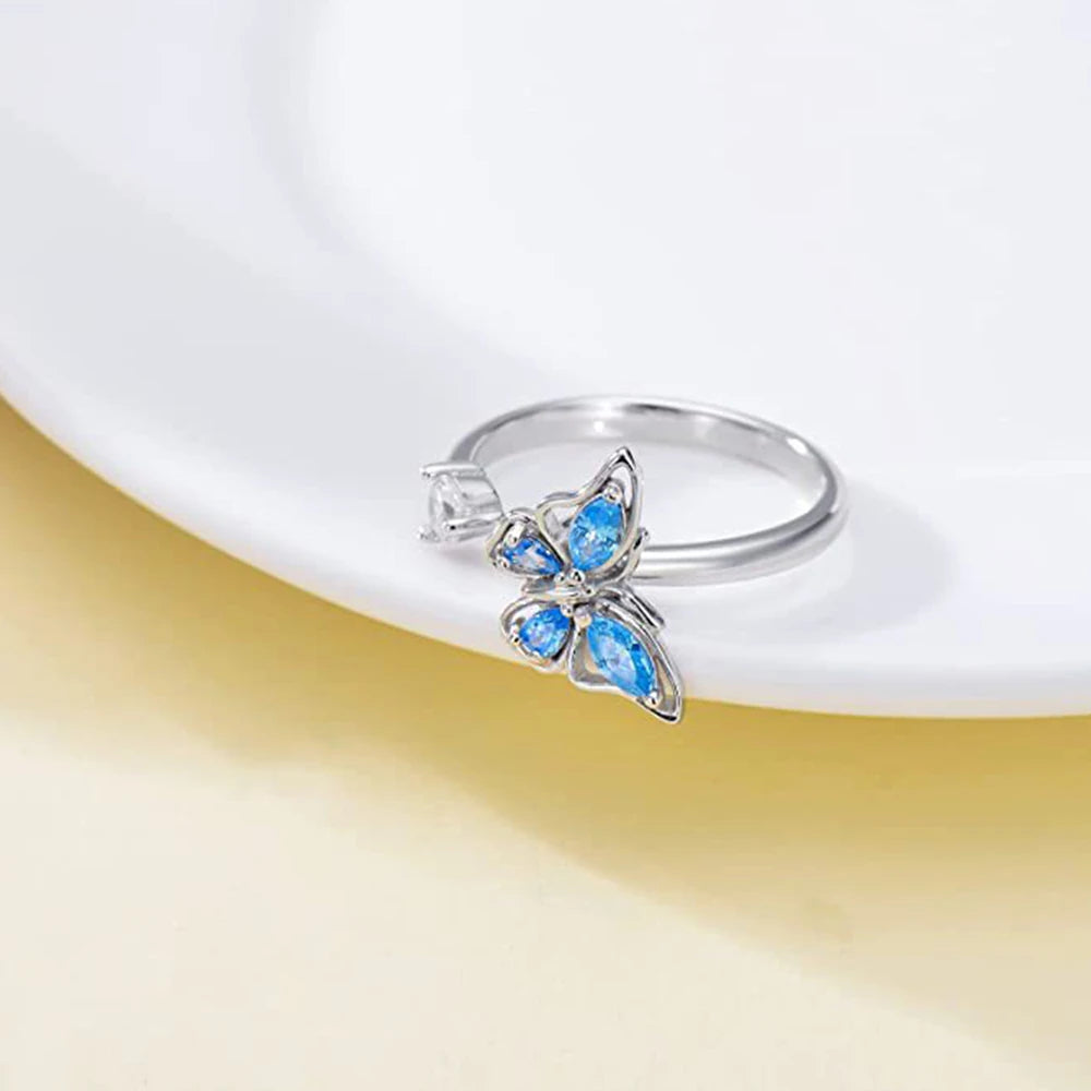 Anillo giratorio antiestrés de mariposa y flor con diamantes de imitación – Anillo giratorio antiansiedad para mujer | Joyería ajustable para aliviar el estrés