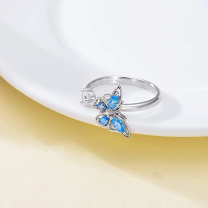 Anillo giratorio antiestrés de mariposa y flor con diamantes de imitación – Anillo giratorio antiansiedad para mujer | Joyería ajustable para aliviar el estrés