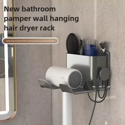 Soporte para secador de pelo montado en la pared, sin taladro, estante de almacenamiento para baño, organizador de herramientas para el cabello de plástico
