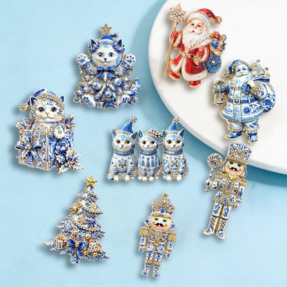 Wuli&baby Blue & White Porcelain Christmas Brooches for Women – Santa Claus, Cat, Christmas Tree & Nutcracker Brooch Pins for New Year