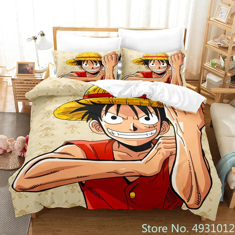 One Piece Luffy 3-Piece Bedding Set – 3D Cartoon Anime Duvet Cover & Pillowcase Set for Kids, Boys, Teens & Adults