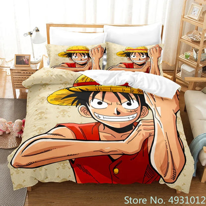 One Piece Luffy 3-Piece Bedding Set – 3D Cartoon Anime Duvet Cover & Pillowcase Set for Kids, Boys, Teens & Adults