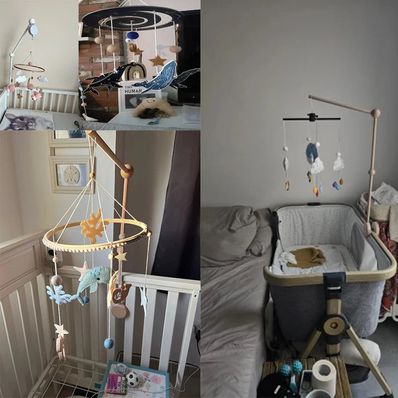 Baby Wooden Bed Bell Bracket – Newborn Crib Mobile Stand for 0-12 Months, Wooden Hanging Toy Holder with Crochet Bed Bell Rattle, Infant Nursery Decoration & Sensory Baby Toy Accessory