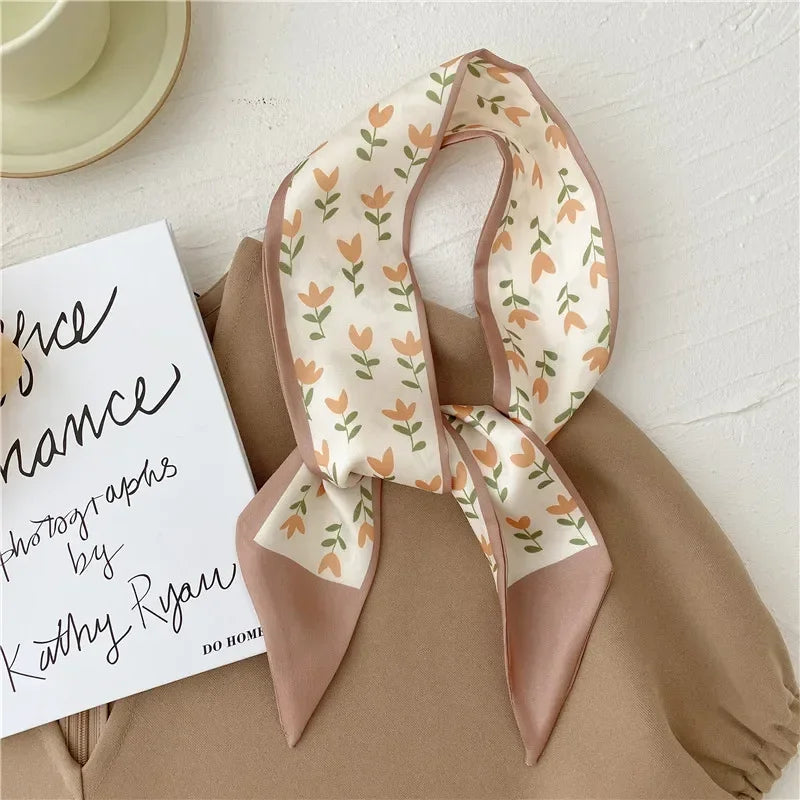 Khaki Nude Silk Scarf Hair Band – Vintage Satin Ribbon Bow Hair Accessory for Women | Elegant Fashion Hair Tie