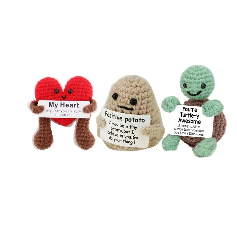 Poupée câlin pomme de terre à énergie positive – Mini ami de poche tricoté en laine, fait à la main, avec carte, cadeau de Noël amusant et décoration de chambre